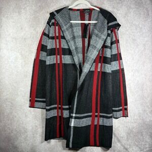 Signature Studio Cardigan Sweater Womens Large Black Red Plaid Open Front Knit